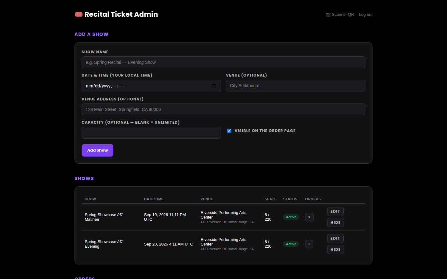 The Dance Collective admin dashboard