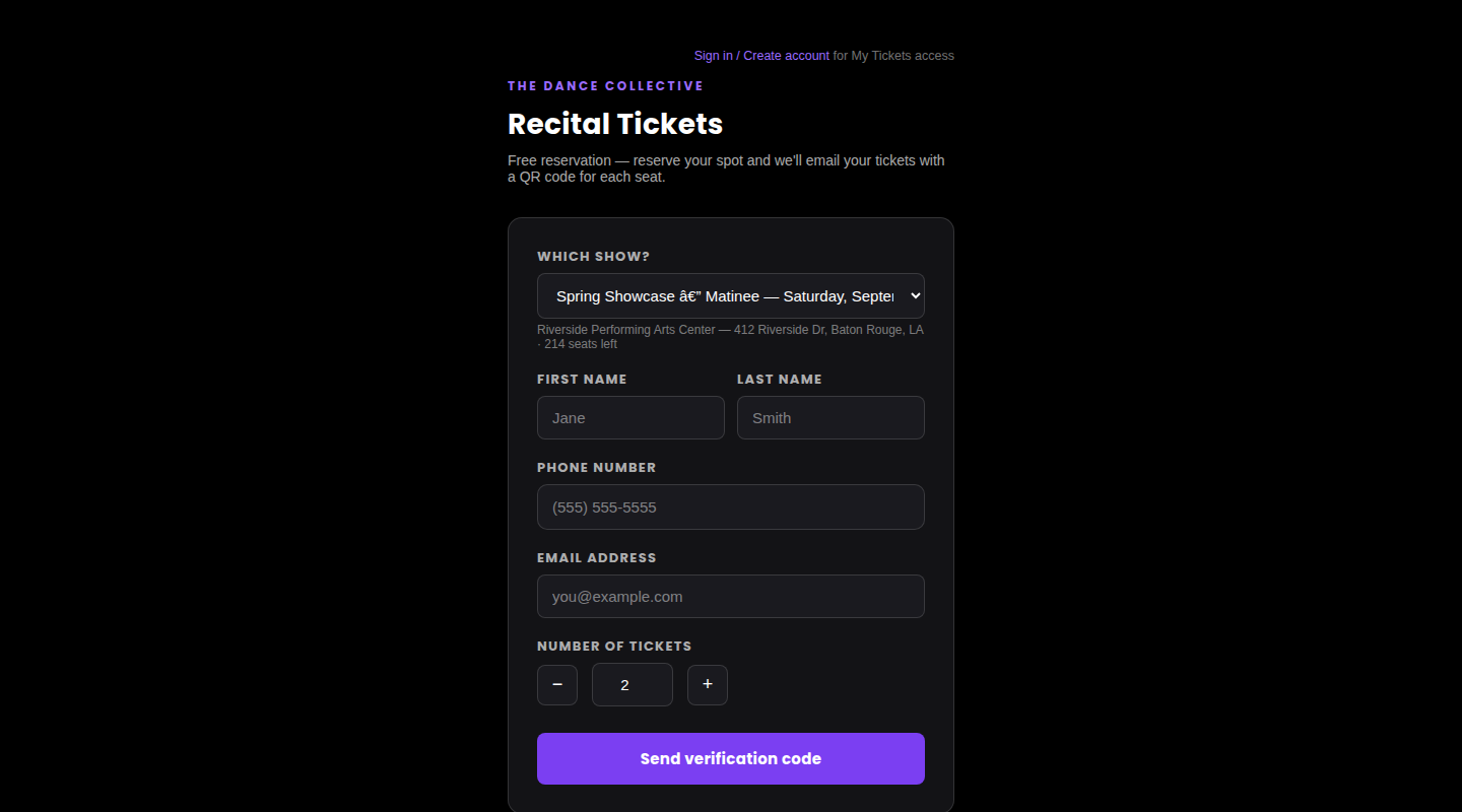 The Dance Collective ticket reservation form