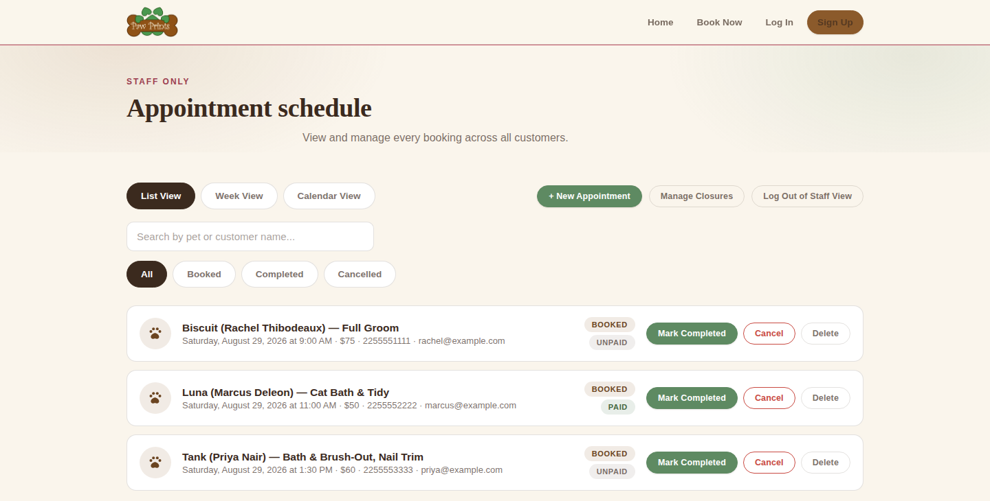 Paw Prints staff scheduling dashboard