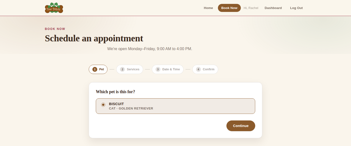 Paw Prints appointment booking flow